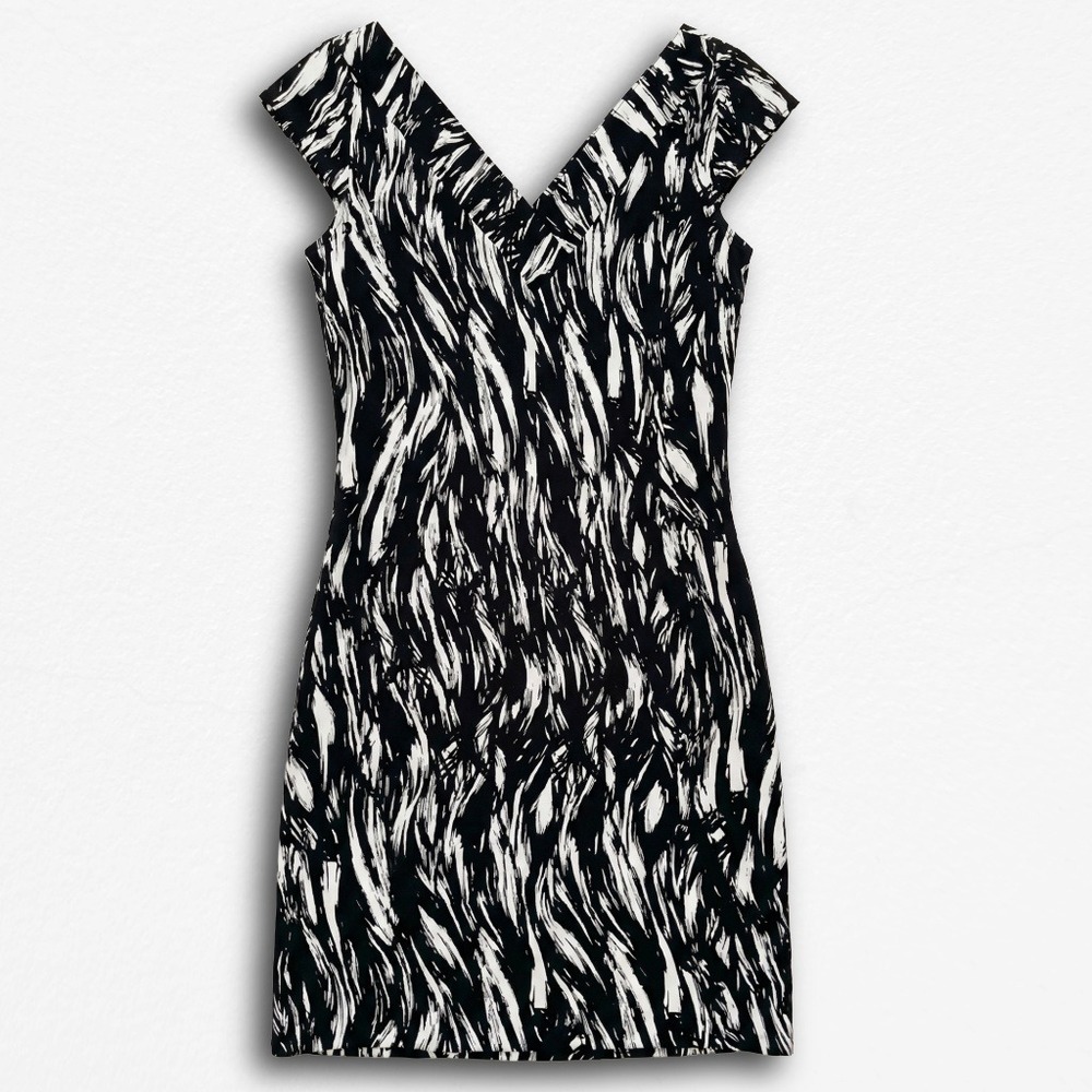 New York & Company Black White Abstract Print V-Neck Cap Sleeve Sheath Dress 12